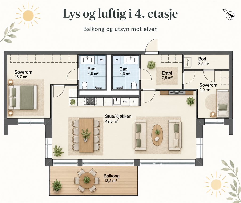 Plantegning som viser leilighetens innhold og planløsning – blant annet romslig stue/kjøkken, to soverom, to bad og balkong.
