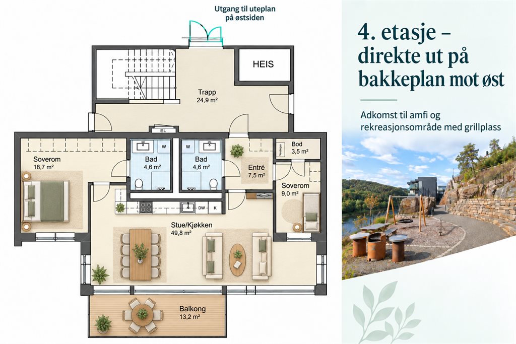 En særlig praktisk kvalitet: Selv om leiligheten ligger i 4. etasje, er det direkte utgang til bakkeplan på østsiden og videre til felles rekreasjonsområde.